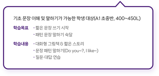 기초 문장 이해 및 말하기가 가능한 학생 대상(A1 초중반, 400~450L)